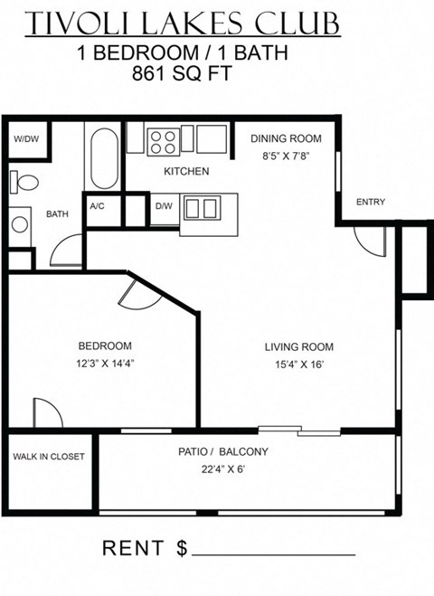 Floor plan for 1 bed, 1 bath, 861 sqft